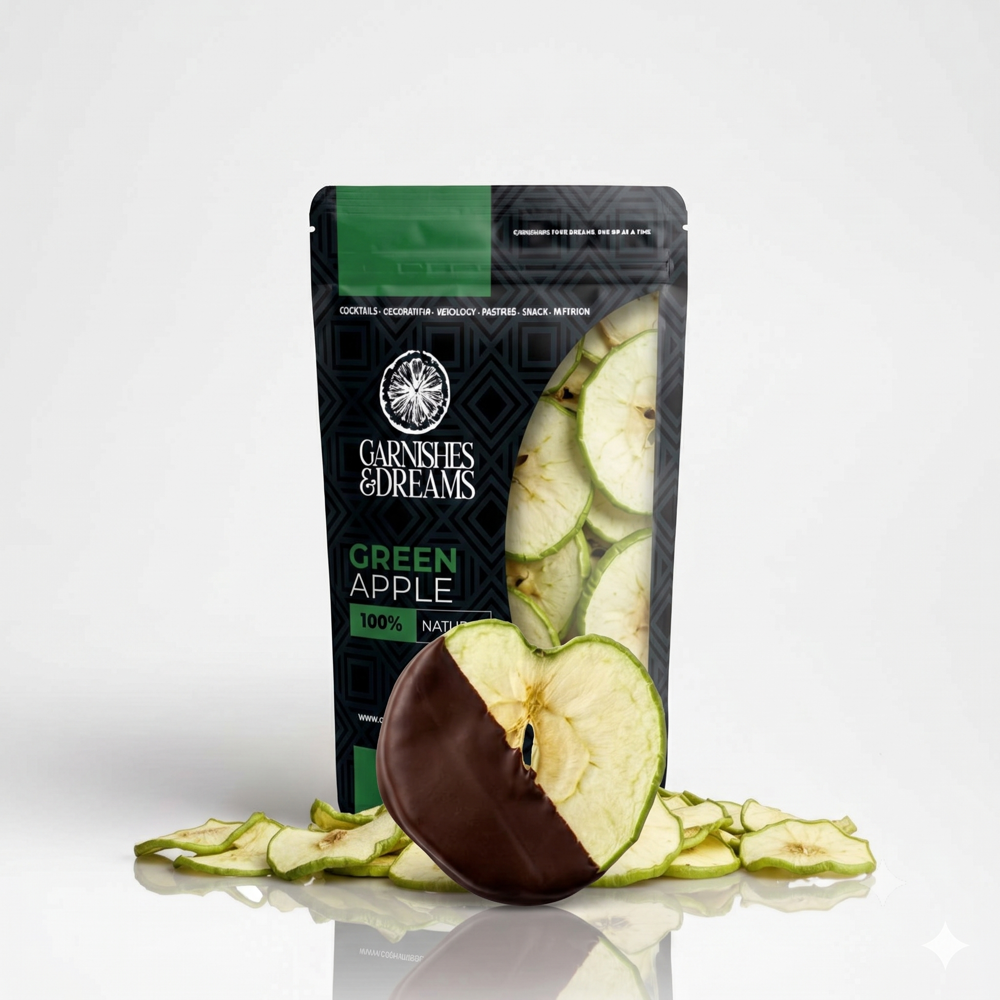 Garnishes & Dreams 80% Dark Chocolate Dipped Dehydrated Green Apple Slices – Gourmet Half-Dipped Tart Apple Wheels, Premium Artisan Fruit Snack, Elegant Dessert Garnish & Charcuterie Board Decor