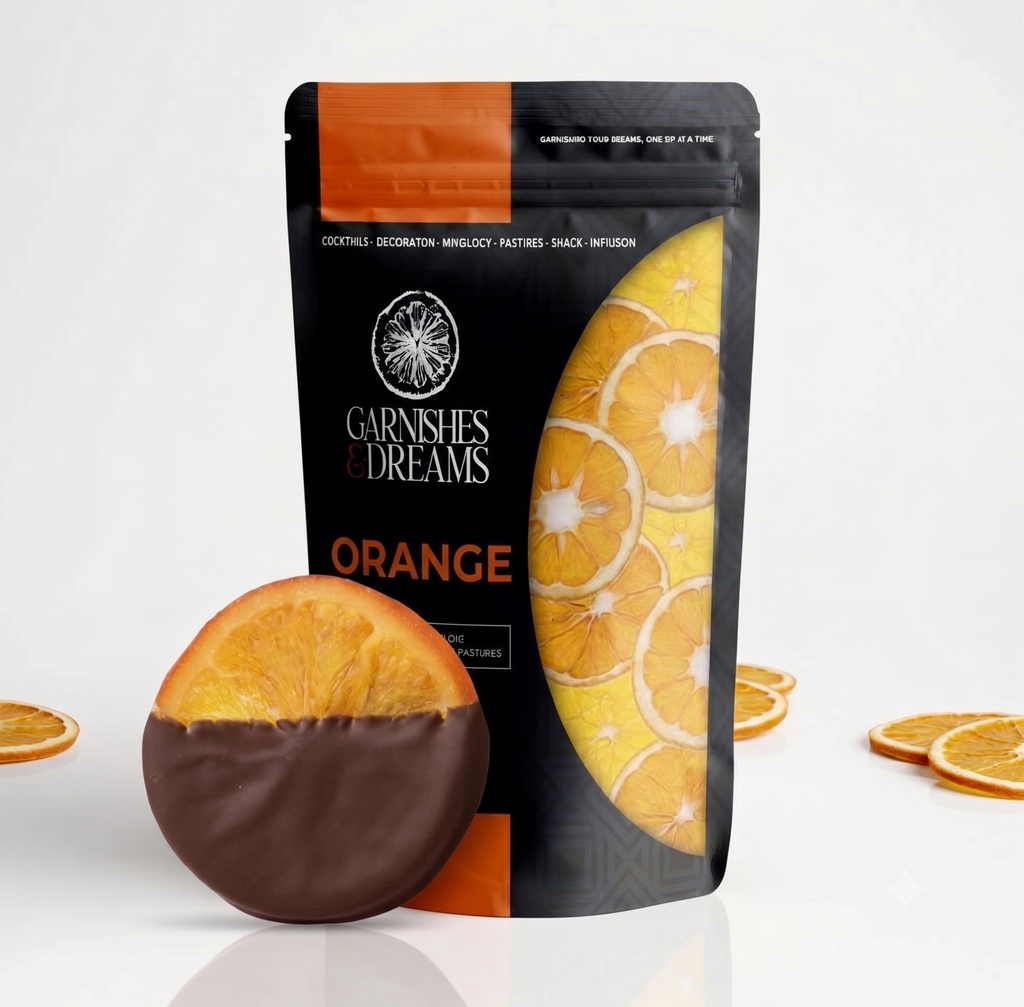 Garnishes & Dreams 80% Dark Chocolate Dipped Dehydrated Orange Slices – Gourmet Half-Dipped Citrus Wheels, Premium Artisan Fruit Snack, Elegant Dessert Garnish & Charcuterie Board Decor