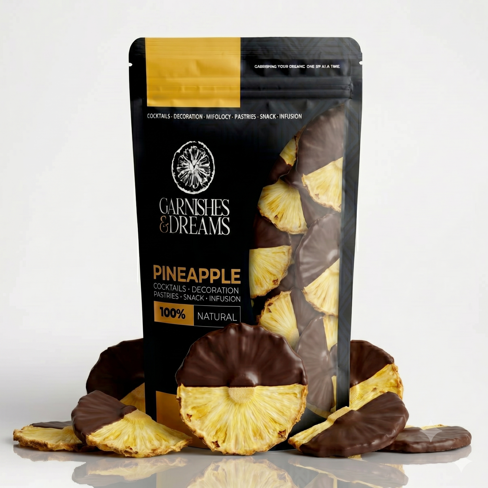 Garnishes & Dreams 80% Dark Chocolate Dipped Dehydrated Pineapple Half Slices – Gourmet Half-Dipped Tropical Fruit Slices, Premium Artisan Snack, Elegant Dessert Garnish & Cocktail Decor