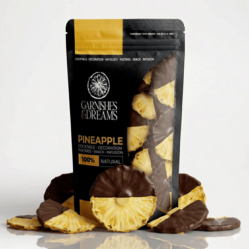 Garnishes & Dreams 80% Dark Chocolate Dipped Dehydrated Pineapple Half Slices – Gourmet Half-Dipped Tropical Fruit Slices, Premium Artisan Snack, Elegant Dessert Garnish & Cocktail Decor - Garnishes and Dreams