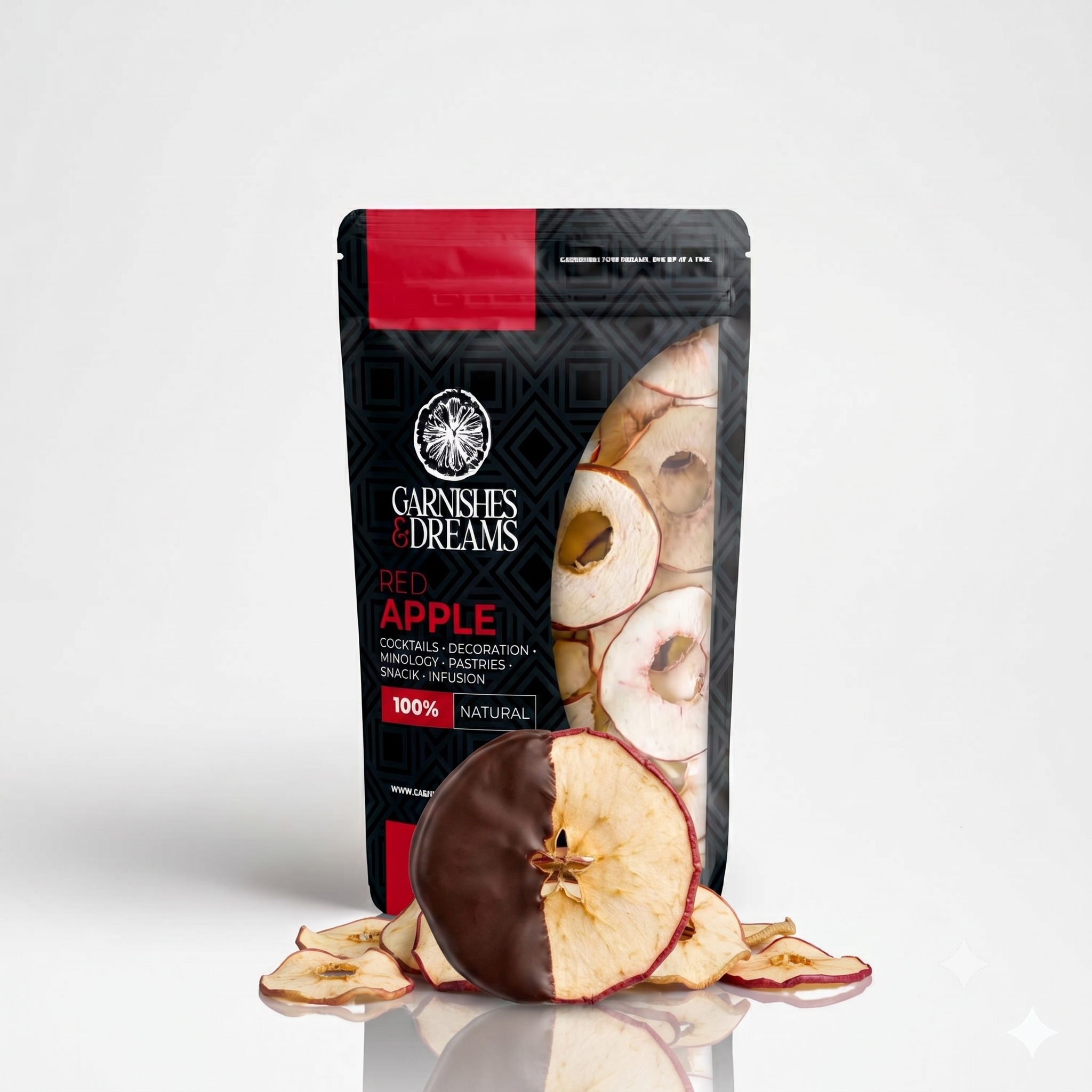 Garnishes & Dreams 80% Dark Chocolate Dipped Dehydrated Red Apple Slices – Gourmet Half-Dipped Sweet Apple Wheels, Premium Artisan Fruit Snack, Elegant Dessert Garnish & Charcuterie Board Decor