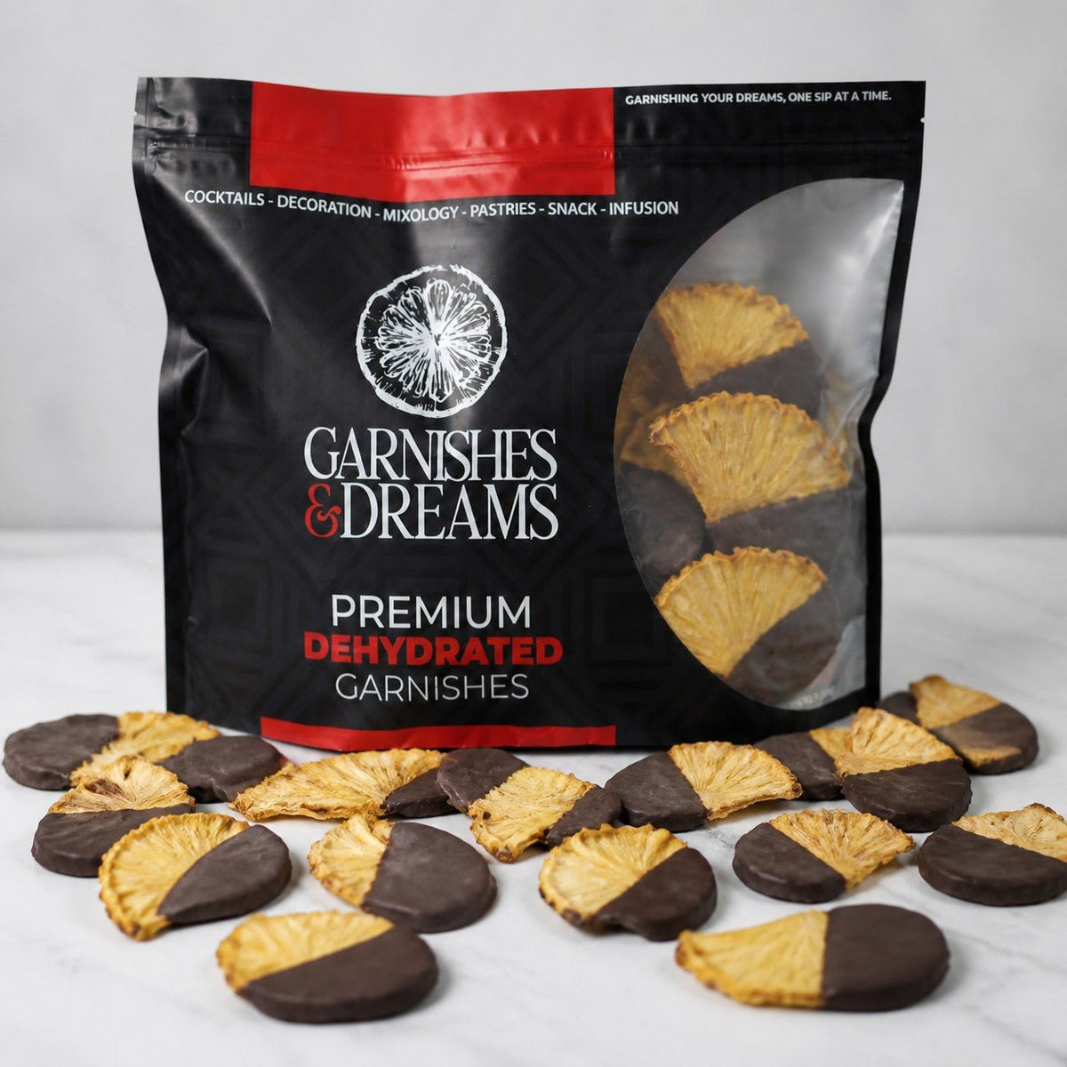 Garnishes & Dreams 80% Dark Chocolate Dipped Dehydrated Pineapple Half Slices - Garnishes and Dreams