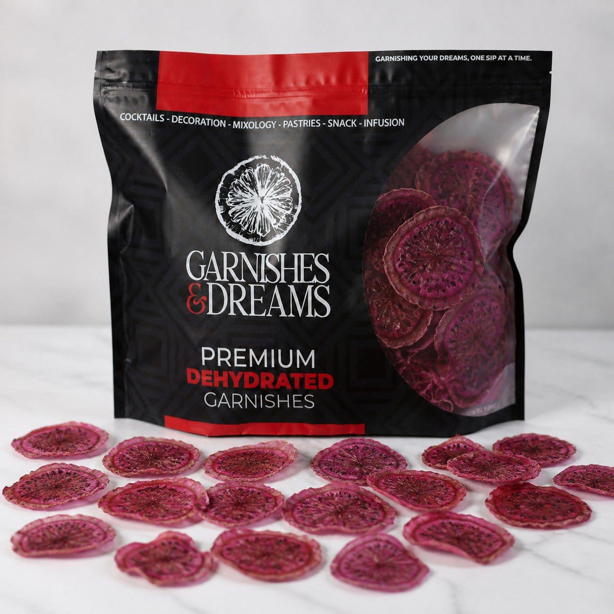 Garnishes & Dreams Dehydrated Purple Dragon Fruit Slices – Cocktail Garnish - Garnishes and Dreams