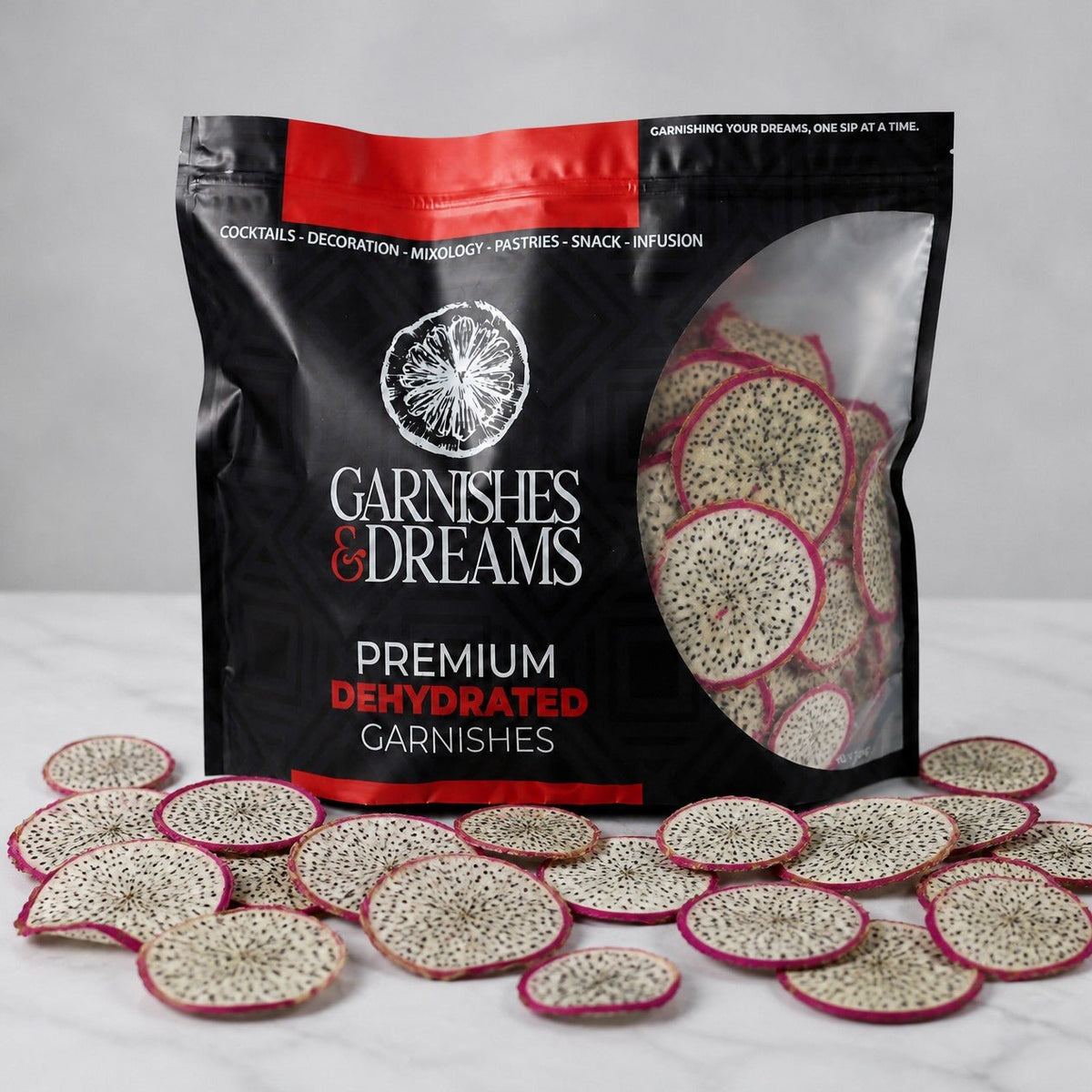 Garnishes & Dreams Dehydrated Red Dragon Fruit Slices – Cocktail Garnish - Garnishes and Dreams